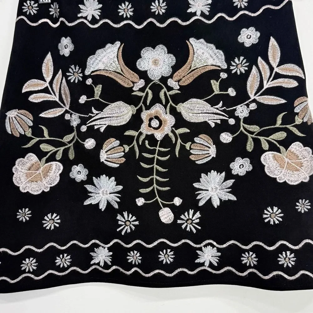 Mi Ami Embroidered Scandinavian Nordic Floral Black Mini Skirt